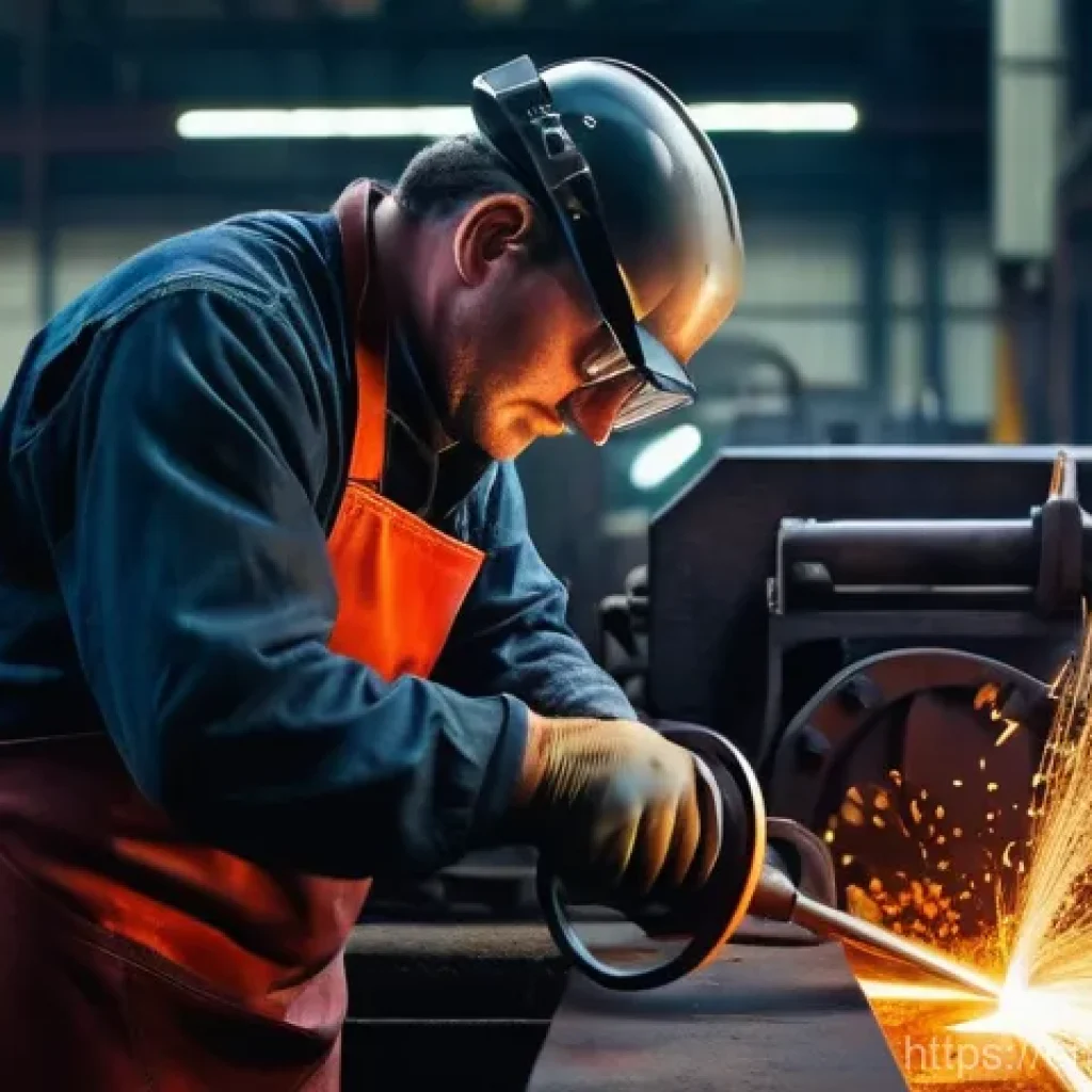 금속가공 공정별 차이점 - **Industrial Forging**: A powerful, dramatic close-up shot of a skilled worker, wearing a heavy-duty...