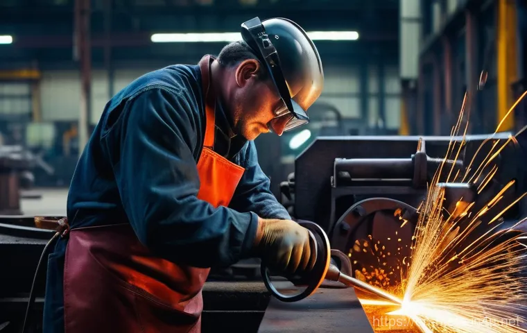 금속가공 공정별 차이점 - **Industrial Forging**: A powerful, dramatic close-up shot of a skilled worker, wearing a heavy-duty...