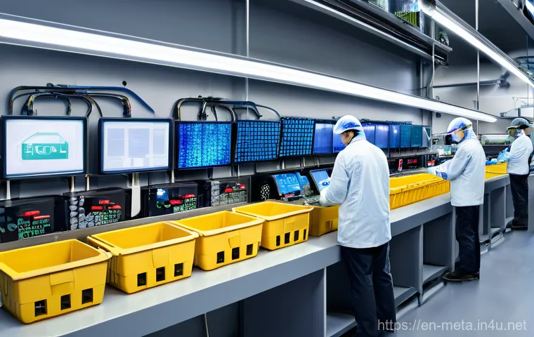 금속재료 재활용 기술 - **Prompt:** A futuristic, brightly lit metal recycling facility. The scene should showcase multiple ...