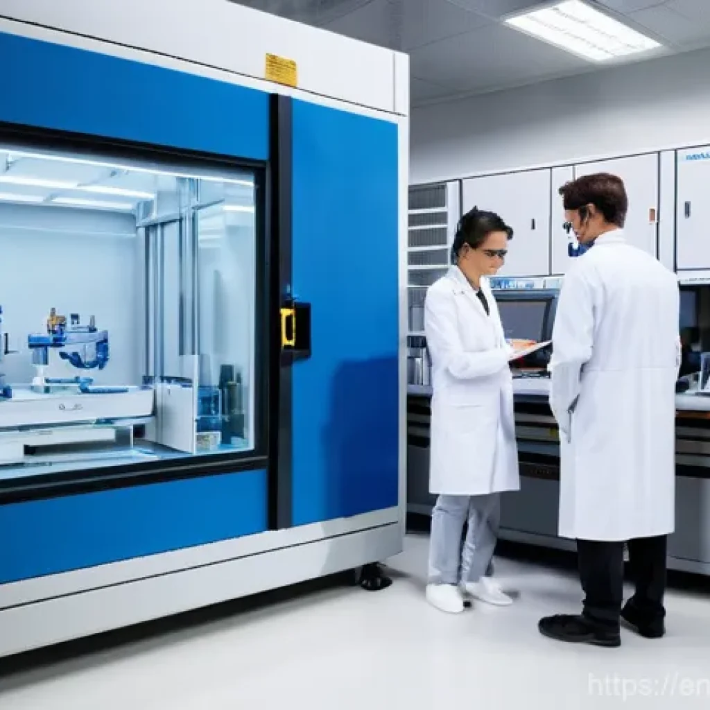 강도와 경도 시험 이론 - **Prompt 1: The Precision of Material Testing**
A wide shot inside a cutting-edge material scien...