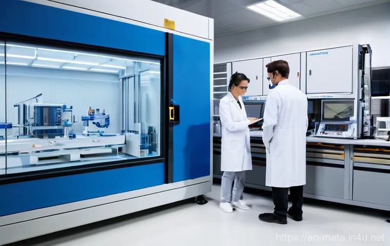 강도와 경도 시험 이론 - **Prompt 1: The Precision of Material Testing**
A wide shot inside a cutting-edge material scien...