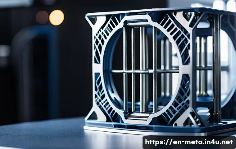 3D 프린팅과 금속재료 활용 - A highly detailed close-up of a metal 3D printed aerospace bracket showcasing an intricate lattice s...