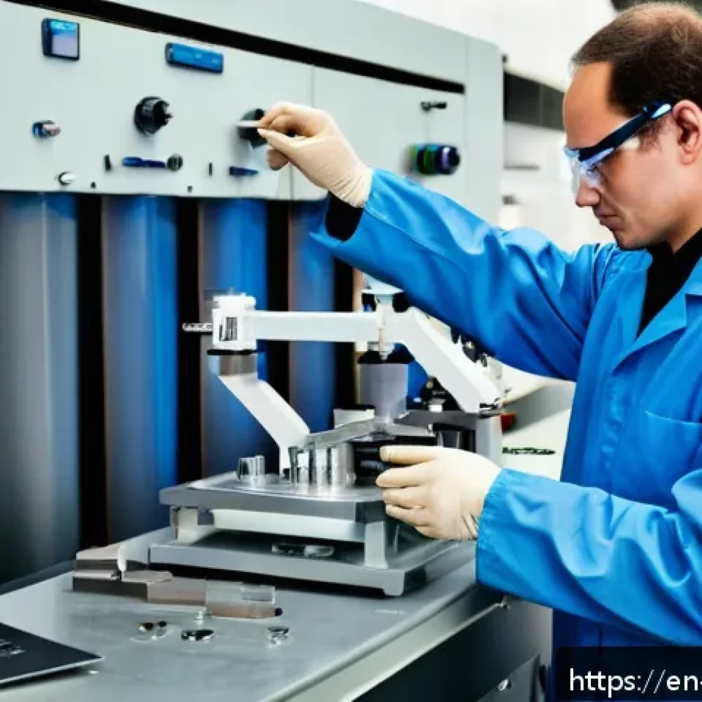 금속재료기술사 도전기 - A detailed laboratory scene showing a metal materials engineer in safety glasses and a lab coat care...