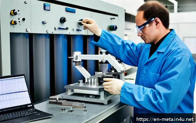 금속재료기술사 도전기 - A detailed laboratory scene showing a metal materials engineer in safety glasses and a lab coat care...