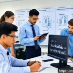 금속재료기사 시험 난이도 - A detailed and realistic classroom scene showing a diverse group of adult engineering students atten...