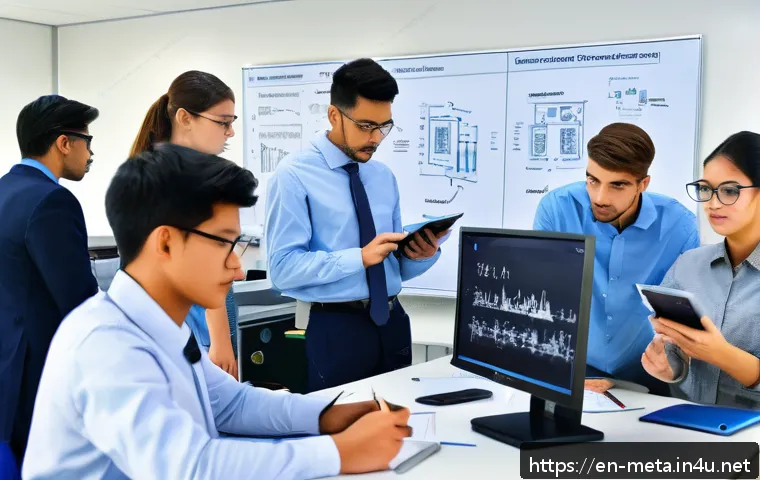 금속재료기사 시험 난이도 - A detailed and realistic classroom scene showing a diverse group of adult engineering students atten...