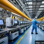 금속재료와 용접기술 연계 - A futuristic aerospace assembly line showcasing engineers working with titanium alloy airframe compo...