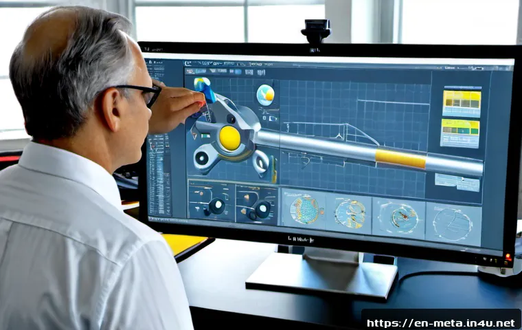 금속재료 필수 소프트웨어 - Photorealistic materials engineering workspace, a middle-aged engineer in safety glasses reviewing a...